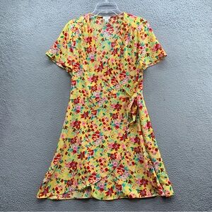 J.Crew Women’s Size 14 Yellow Multicolor Floral  Tie Ruffle Wrap Mini Sun Dress